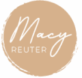 Macy Reuter tan logo with white script text