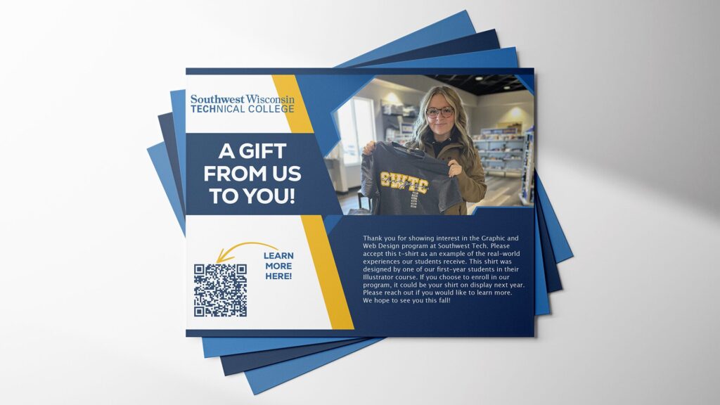Folded brochure or mailer design with bold yellow and blue SWTC layout