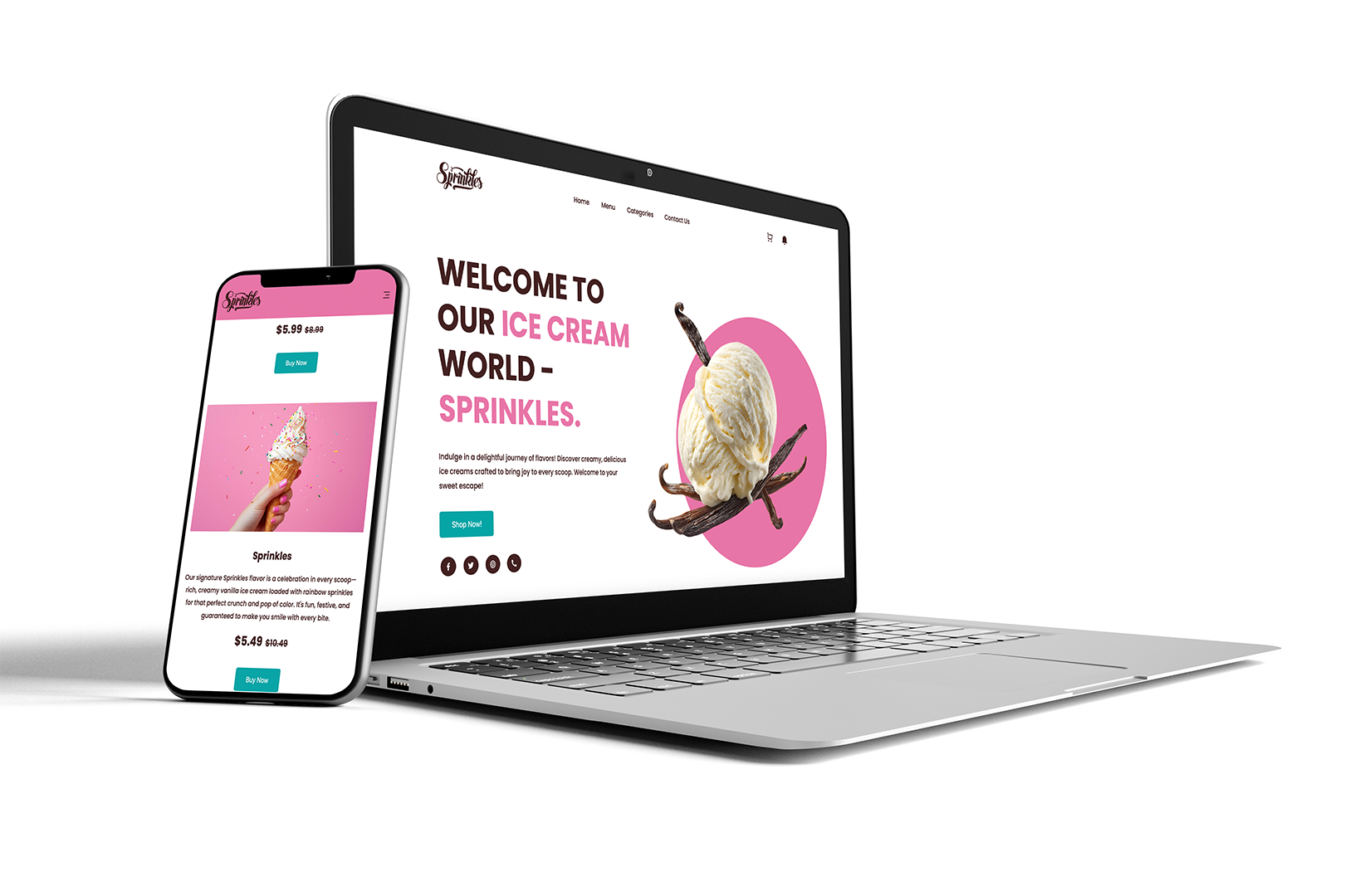 Laptop and phone displaying a modern ice cream website design mockup