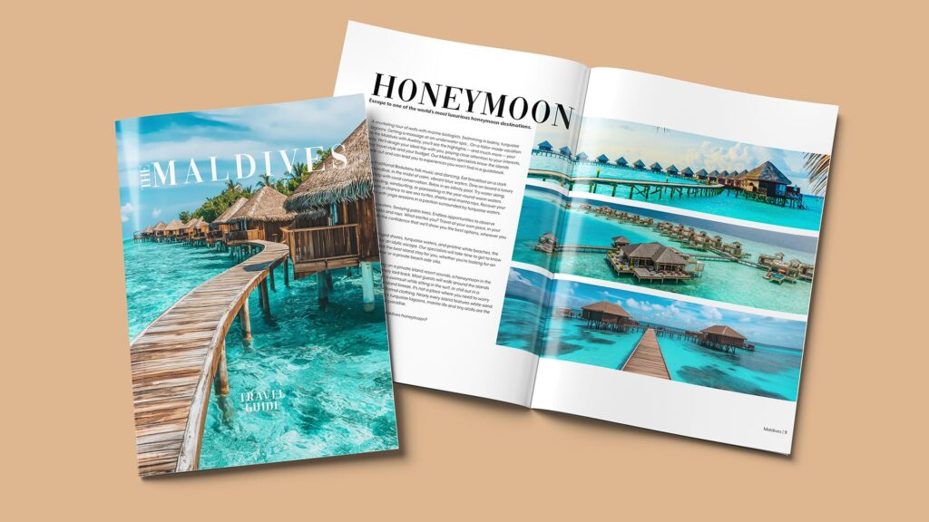 Open travel magazine spread featuring a tropical honeymoon destination