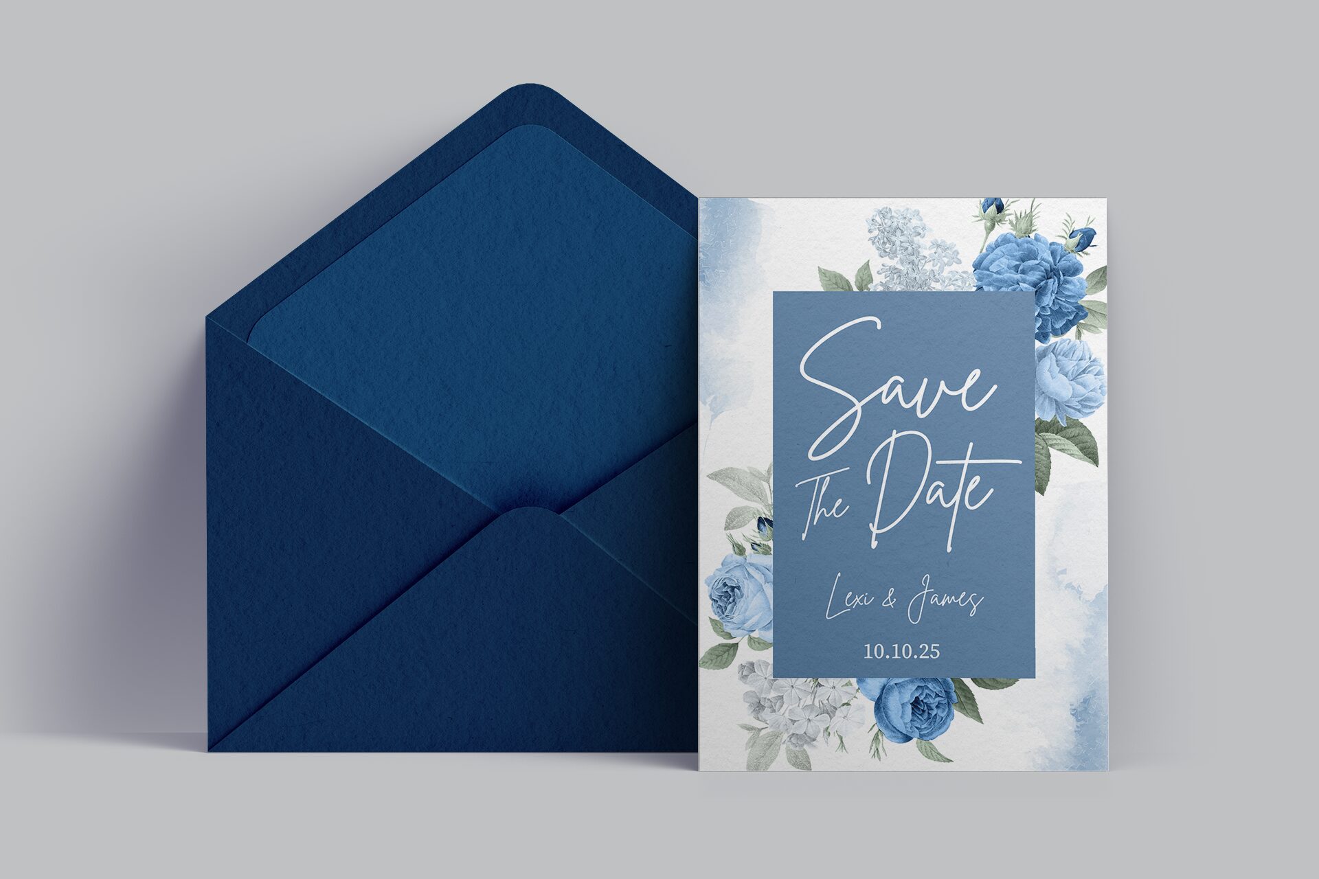 Blue envelope and save-the-date style card design mockup
