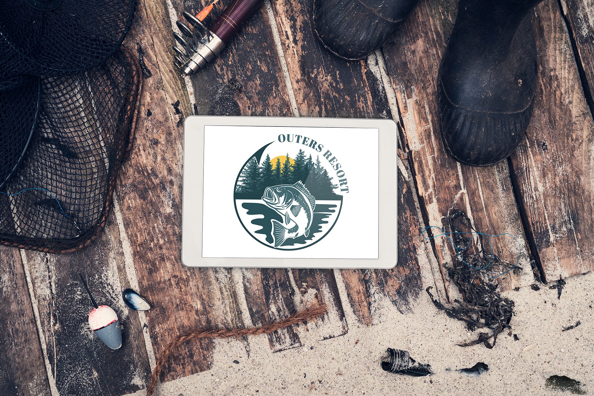 Rustic Outers Resort logo card mockup placed on wood with natural textures