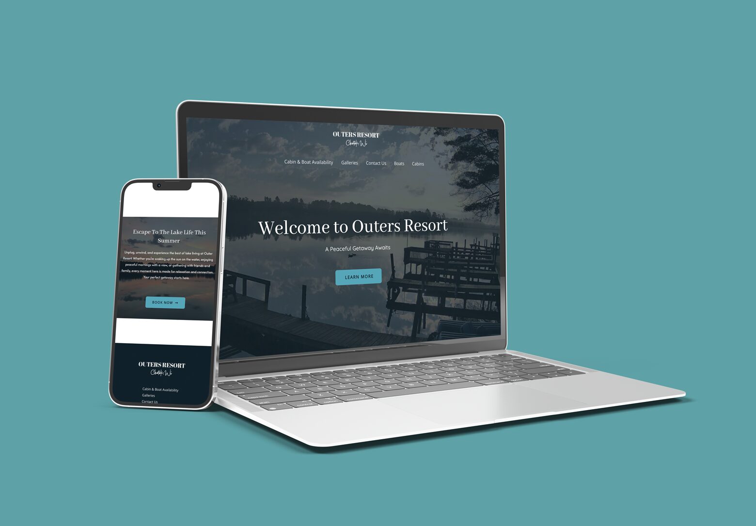 Laptop and smartphone mockup displaying the Outers Resort website, featuring a lakefront background, navigation menu, and a “Welcome to Outers Resort” headline with a call-to-action button.
