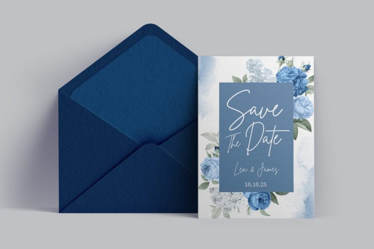 Blue envelope and save-the-date style card design mockup