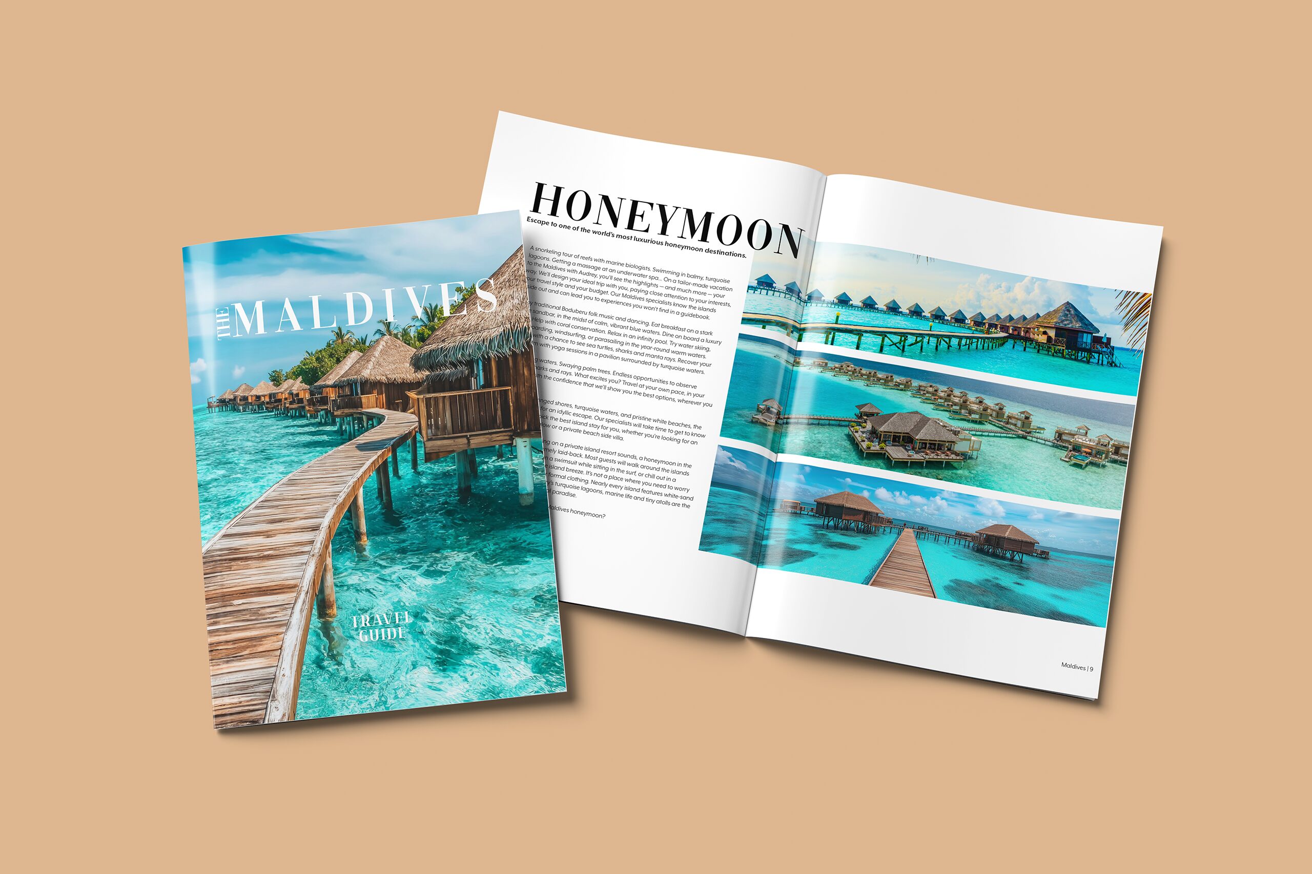 Open travel magazine spread featuring a tropical honeymoon destination